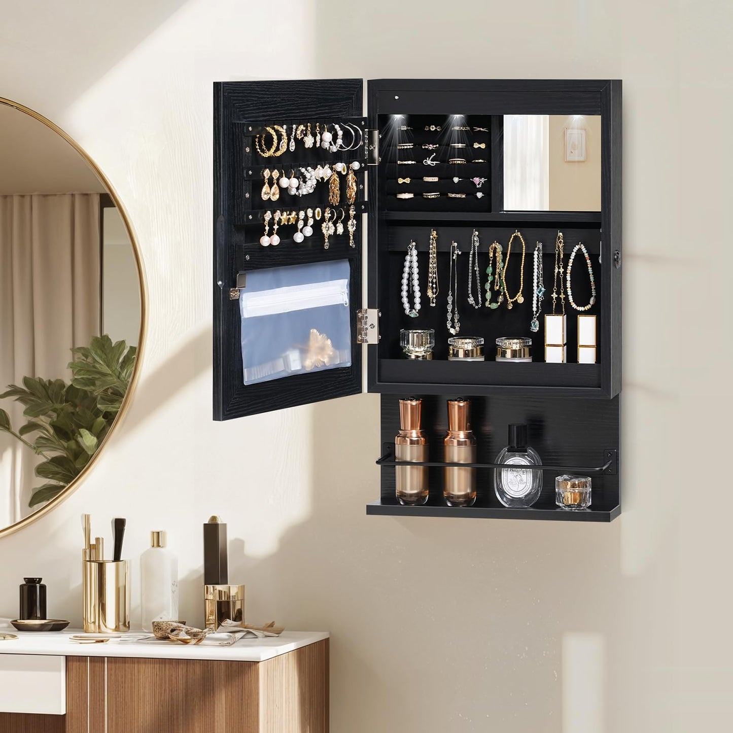 HOOBRO Wall Mounted Jewelry Cabinet, LED Jewelry Armoire with Interior Mirror, Hanging Jewelry Organizer for Wall, Lockable Jewelry Storage Cabinet, 3.9 x 11.8 x 20.9 Inches, Black