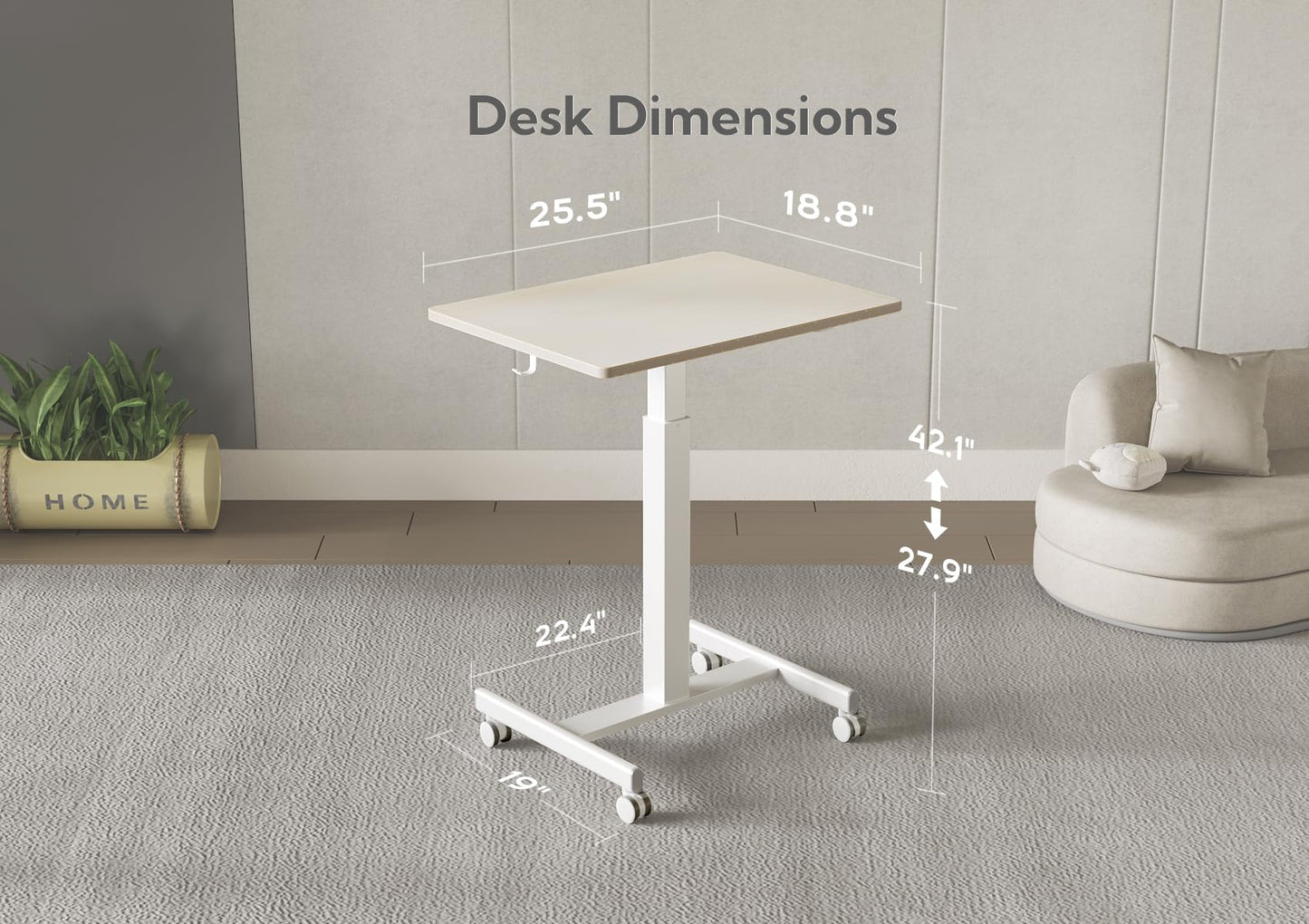 Claiks Mobile Standing Desk, Small Rolling Standing Desk with Wheels, Pneumatic Mobile Desks Workstation with Hook, Natural