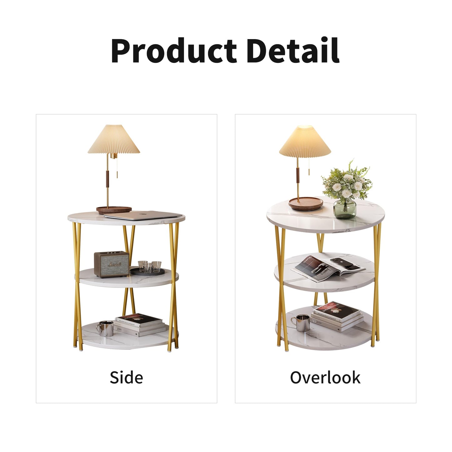 Lumbershed 23 Inch Round Side Table 3-Tier End Table Living Room Small Patio Table Nightstands Round Coffee Table Spacious Top for Couch Bedroom 3 Storage Shelves Accent Coffee Table, Marble White