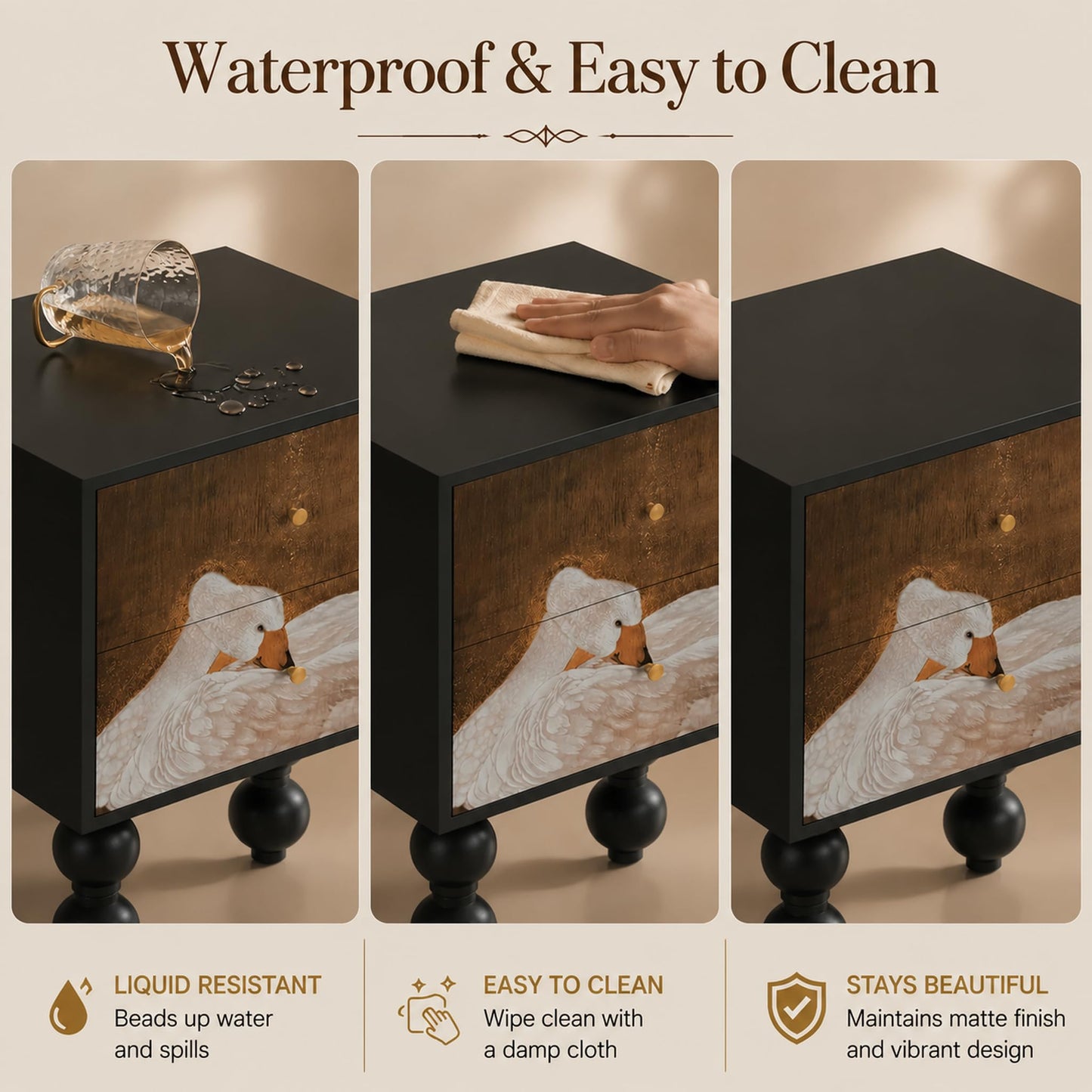 Pine Wood Art Panel Nightstand with Swan Art Pattern, 2 Drawer Turned Legs Bedside Table, Easy Assembly Artistic Bedroom Storage Cabinet