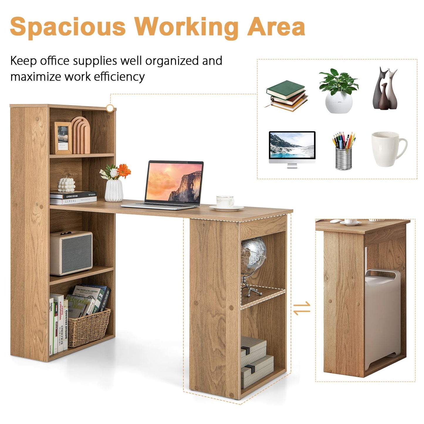 Tangkula Computer Desk with Bookshelf, Writing Study Desk with Storage Shelves & CPU Stand, Modern Compact Computer Workstation for Home & Office, Space-Saving Design(Natural)