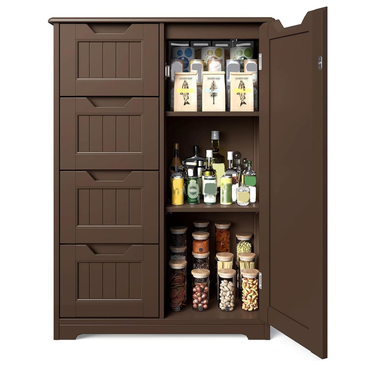 Gizoon Small Kitchen Pantry with Door and Shelves, 33'' Pantry Storage Cabinet Freestanding Wooden Bathroom Storage Cabinet with 4 Drawers for Kitchen and Dining Room, Dark Brown, Painted