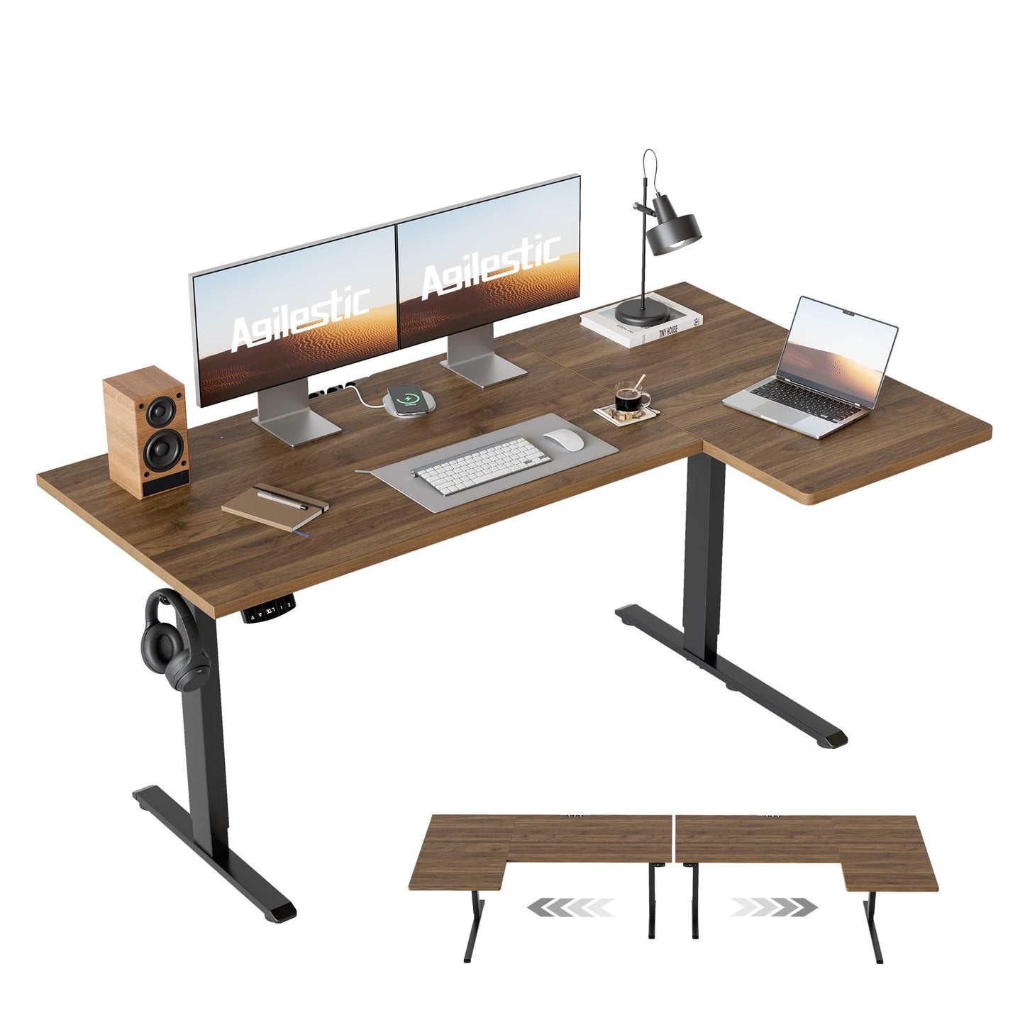 Agilestic 55 Inch Reversible L Shaped Standing Desk, Electric Height Adjustable Desk with Memory Preset, Sit Stand Up Computer Workstation for Home Office, Splice Board, Dark Walnut