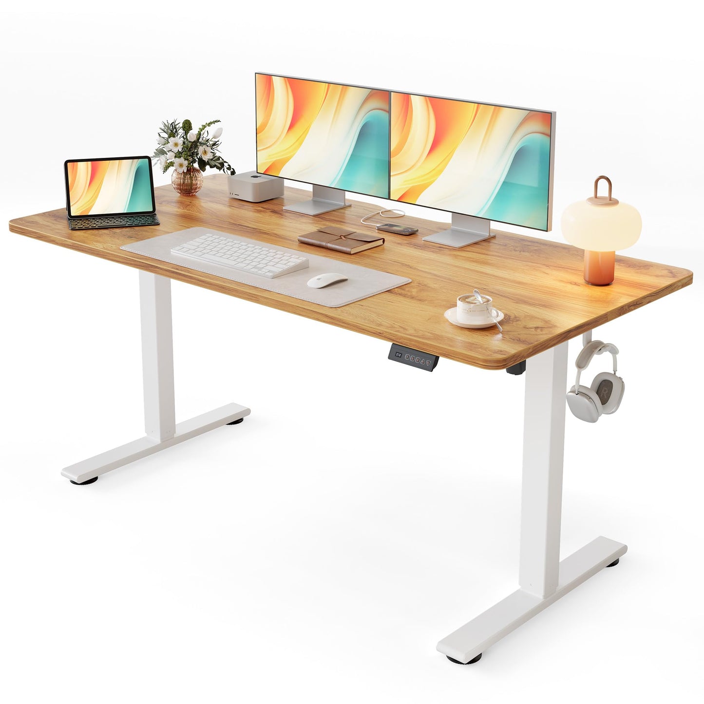Cubiker Standing Desk, 55x28 Inches Sit Stand Home Office Desk, Electric Stand up Desk, Adjustable Desk with Splice Board, White Frame/Light Rustic Top