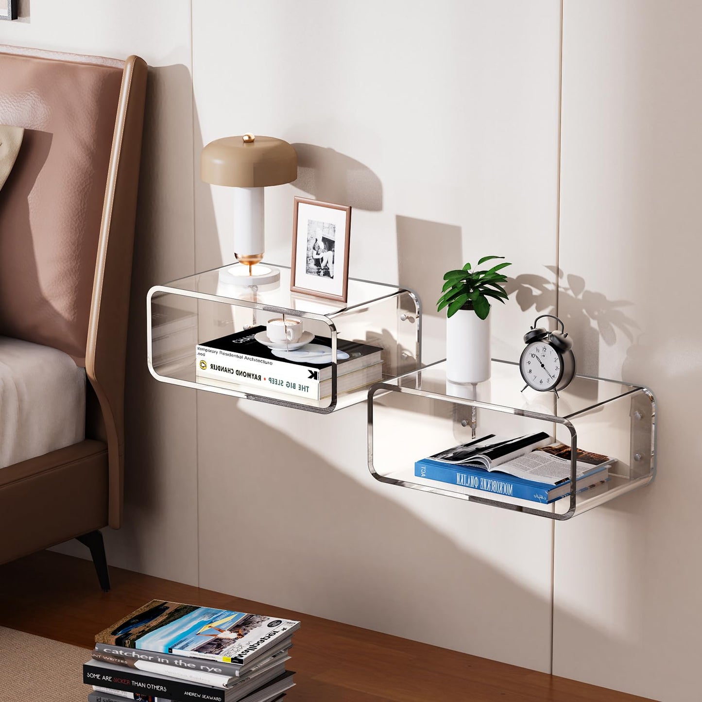 Acrylic Floating Nightstand, Bedside Table, Nightstand Shelf Wall Mounted Bedside Shelf (Clear, 16.1"×9.4“×6.7”)