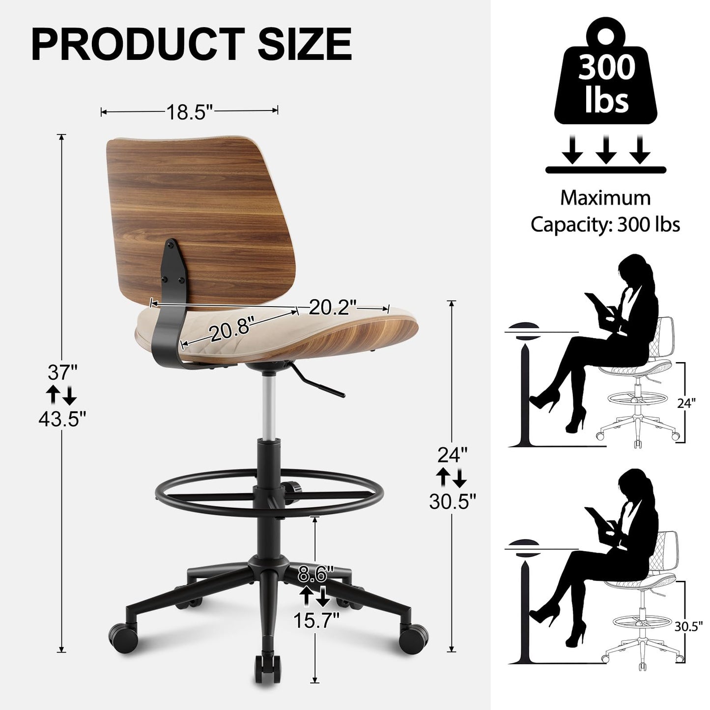 BERYTH Drafting Chair with Adjustable Footrest, Armless Modern Tall Office Chair for Standing Desk, PU Leather Swivel Stool in Curved Bentwood Style, Ergonomic Rolling Walnut Chair for Office(Beige)