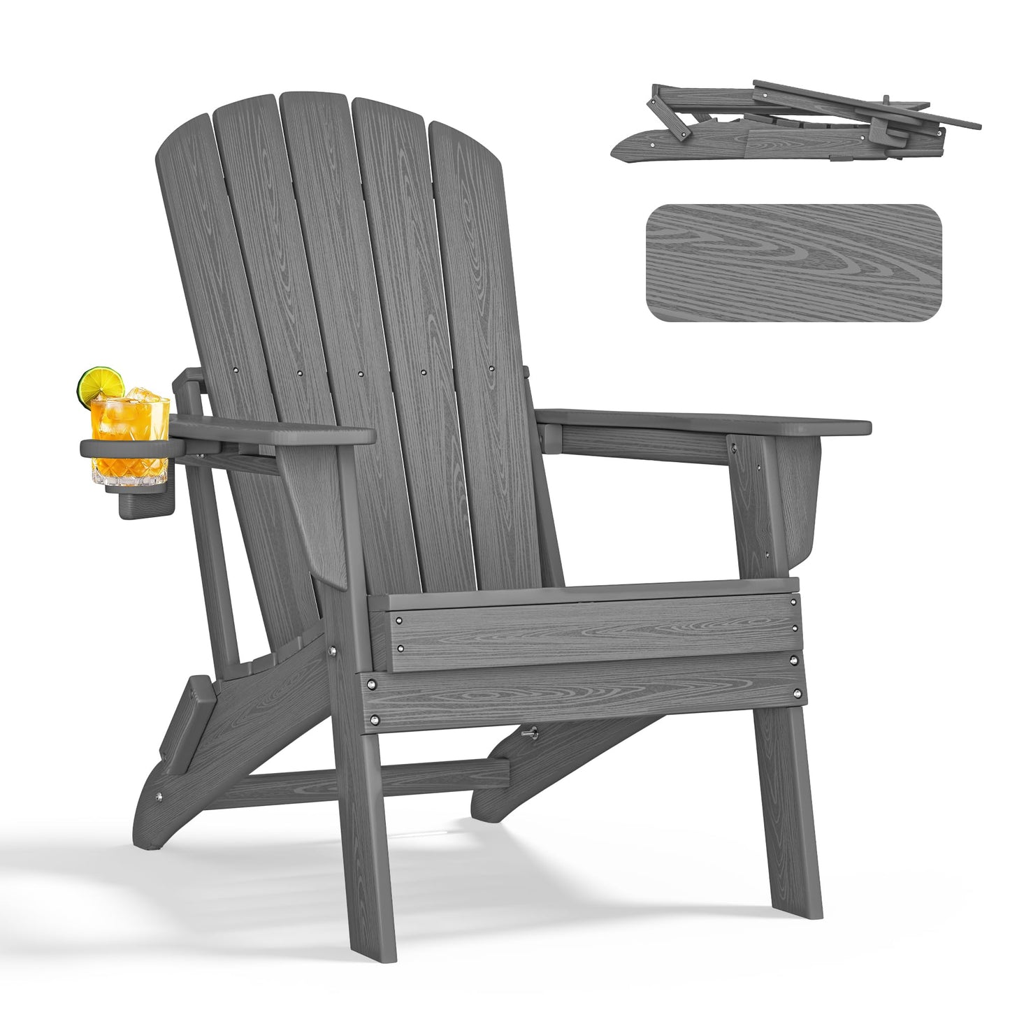 nevilywood Folding Adirondack Chair, Ergonomic, Cup Holder, 380lbs,Grey