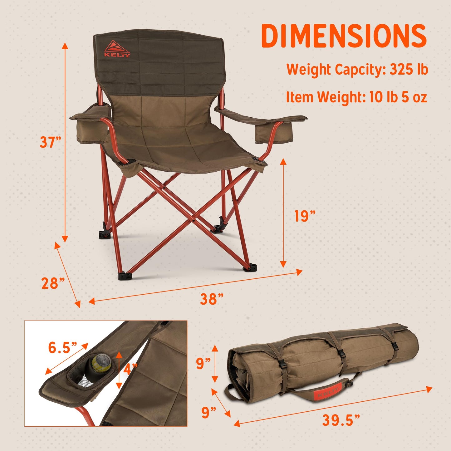 Kelty Deluxe Lounge Chair – Folding Outdoor Camp Chair, Insulated Cupholders, Customized Recline, Steel Frame, Padded Roll Storage (Bungee)