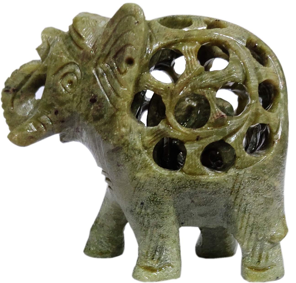 Purpledip Soapstone Statue Nested Elephants: Lattice Design Jaali Work Mesh Sculpture (11662)