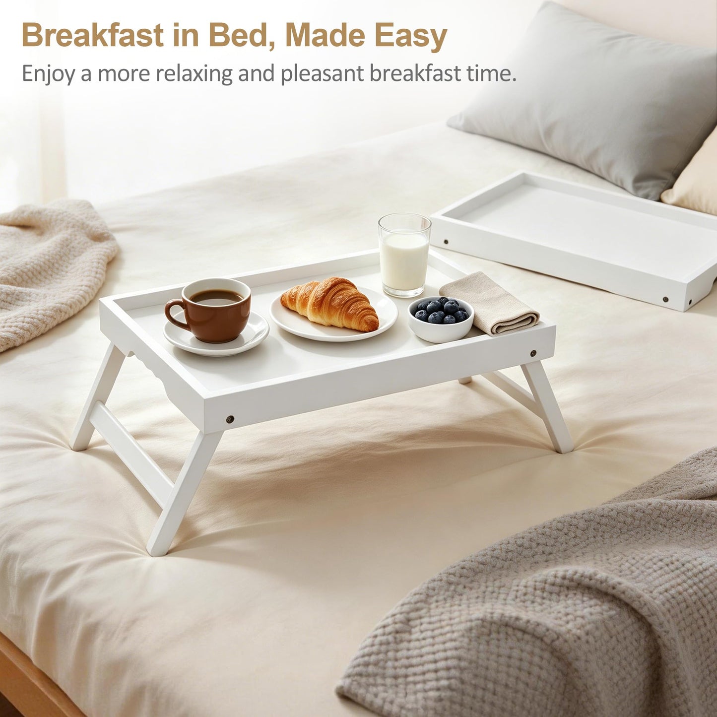 Breakfast Tray with Folding Legs Set of 2, Bamboo Bed Tray Table 15.7" Foldable TV Dinner Tray with Ergonomic Wave Handles for Bed Couch Sofa, Breakfast, Snacks, Coffee, White