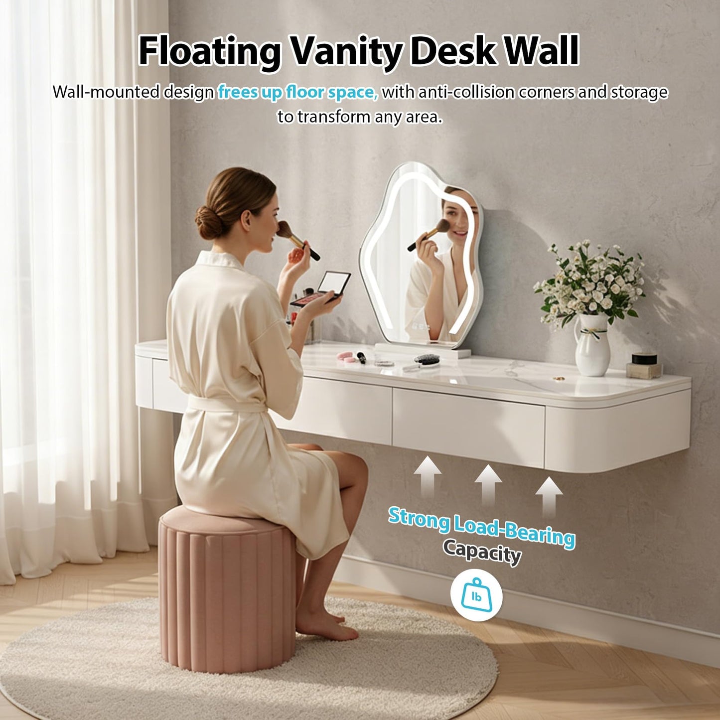 Quvex Fully Assembled Floating Makeup Vanity Desk, Wall Mounted Dressing Table with Drawers, Rounded Corners, 23.6" - 63" Available, Space-Saving Modern Hanging Dresser for Bedroom, Table Only