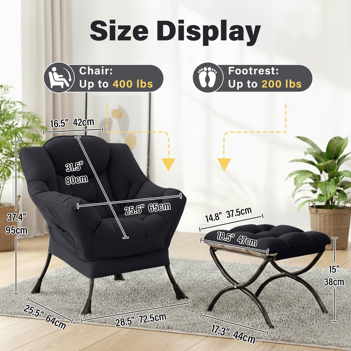 Givjoy Lazy Chair and Ottoman, Black Velvet Large Accent Chair with a Side Pocket, Modern Leisure Upholstered Sofa Reading Armchair with Footrest for Office, Bedroom, Living Room, Dorm Rooms, Balcony