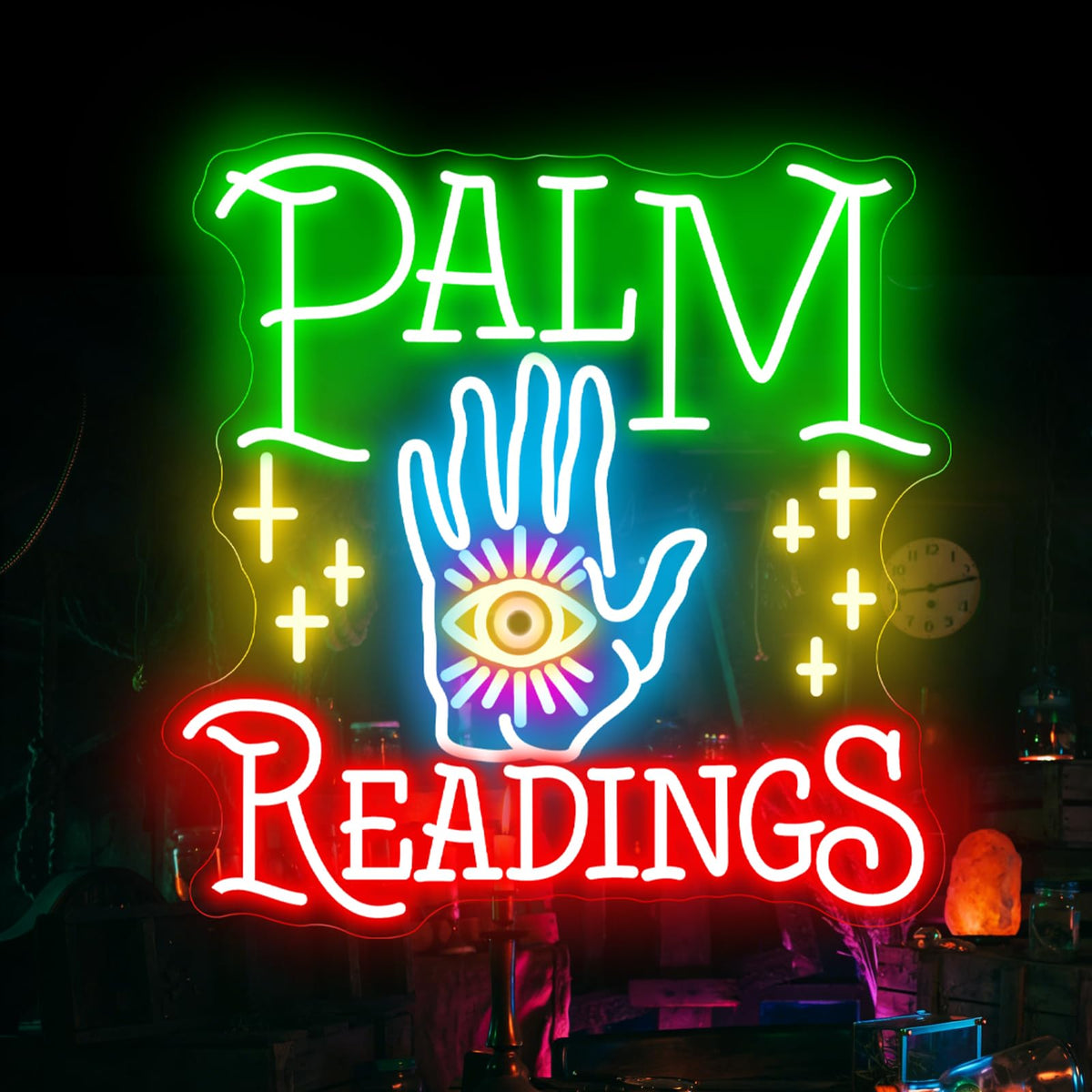 Palm Readings Neon Sign, Fortune Teller LED Neon Sign Wall Decor, Psychic Tarot Reading Neon Signs for Wall Decor, Mystical Neon Sign for Bedroom Studio Lounge 18.9”×18.5”