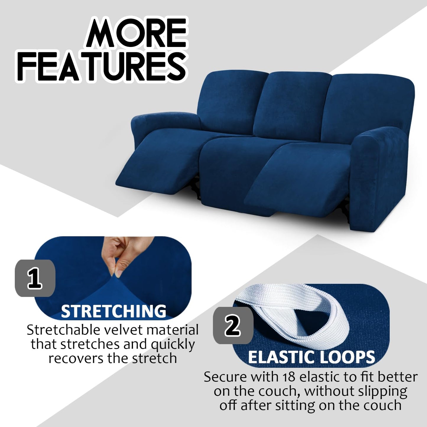ULTICOR Velvet 8-Pieces Recliner Sofa Covers Stretch Reclining Couch Covers for 3 Cushion Reclining Sofa Slipcovers Furniture Covers Thick Soft Washable (3 Seater Recliner Cover, Navy)