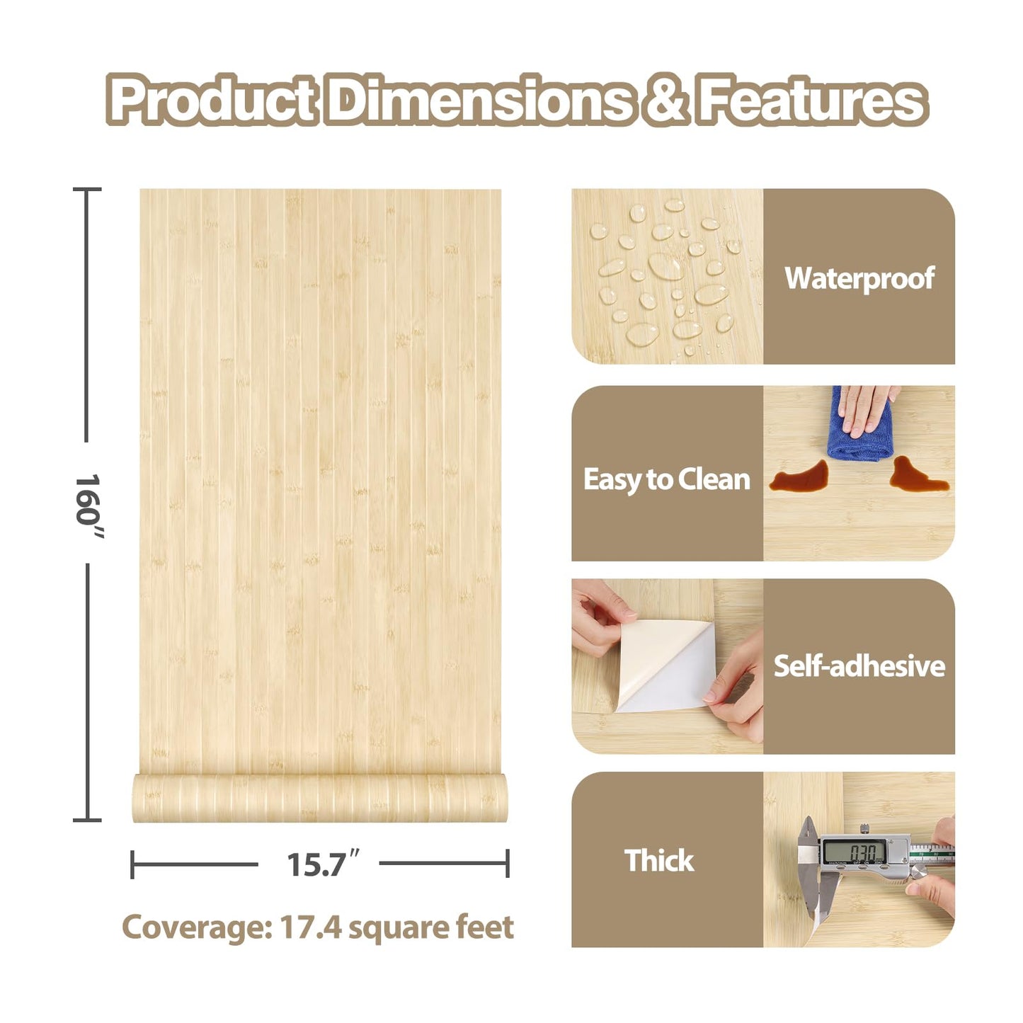 EaseStick Bamboo Wood Contact Paper Peel and Stick Light Wood Wallpaper for Cabinets Countertops Waterproof Adhesive Beige Wooden Slat Wallpaper Striped Wall Paper for Bathroom Table Cover 15.7"x160"