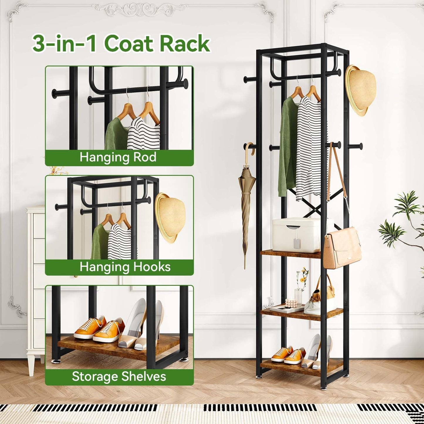IBUYKE Coat Rack with Shelves, Freestanding Hall Tree with 3 Shelves and 8 Hooks, Industrial Clothes Stand for Entryway, Hallway, Bedroom, Rustic Brown UTMJ088H