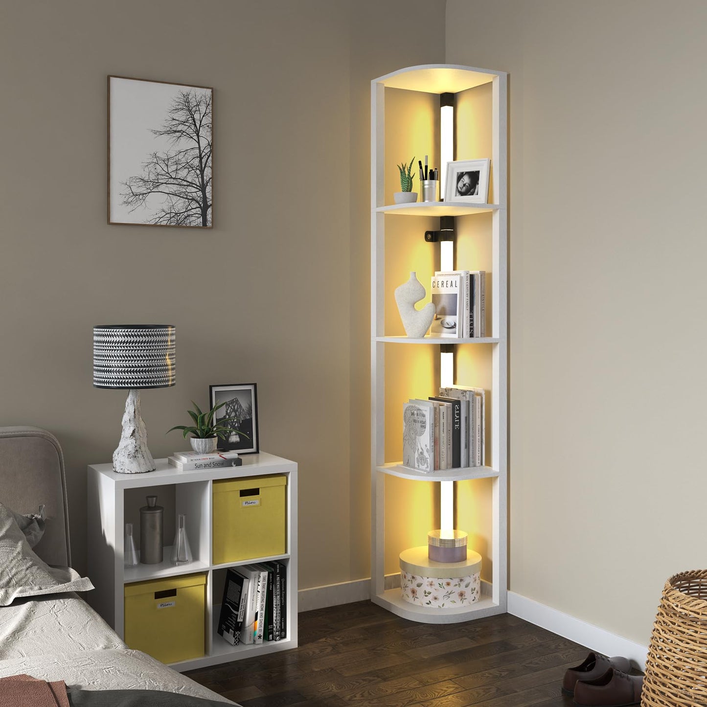 VTRIN Corner Shelf with Light, Floor Lamps with Shelves for Living Room, Small Space, Modern Home Decor Stand Sturdy 5-Tier Corner Bookshelf Cabinet Display Shelf for Collectibles, White
