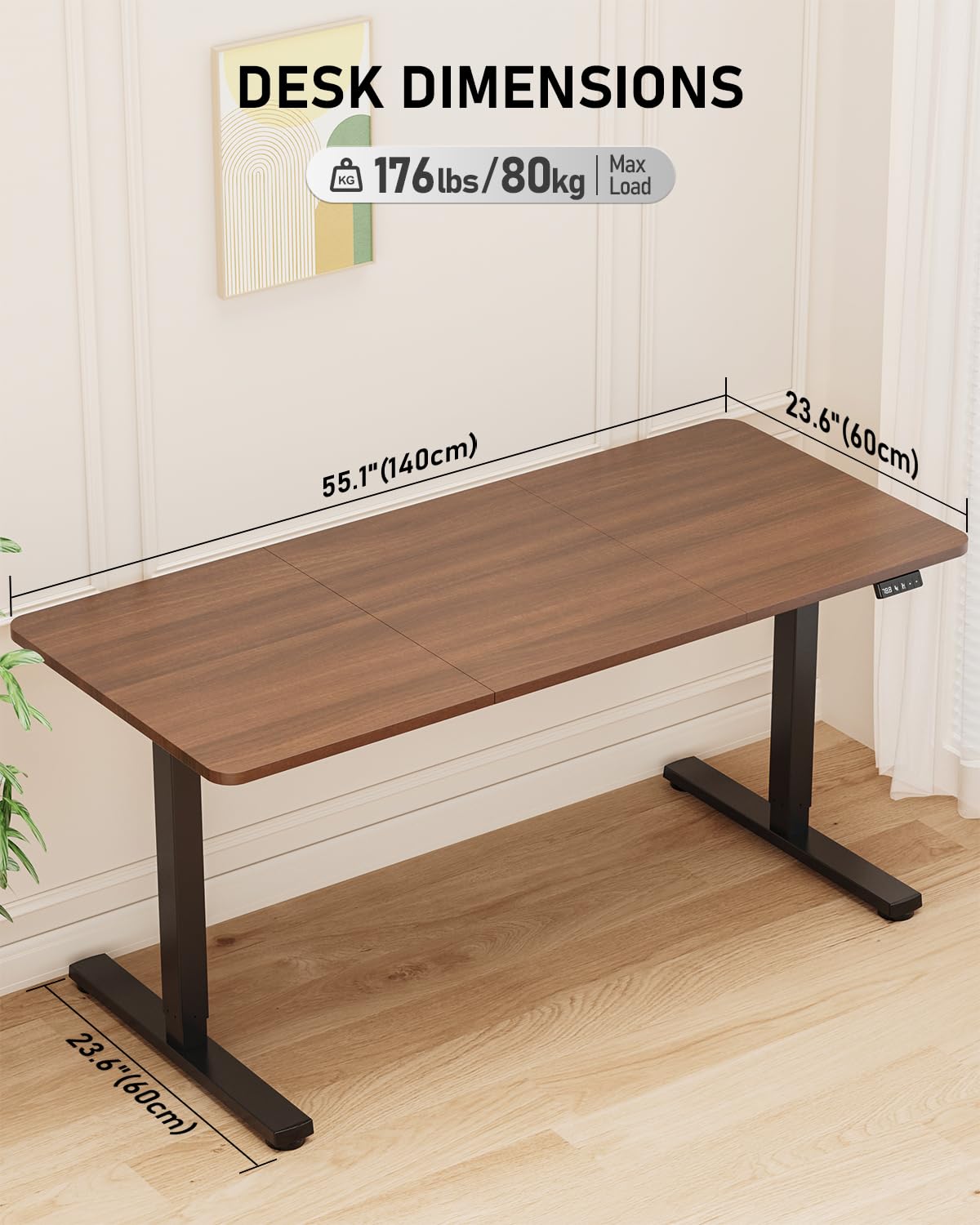 Xyndyx 55" Electric Standing Desk Adjustable Height, Sit Stand up Desk for Home Office & Computer Workstation, 2 Memory Height Settings, Splice Board, 2 Hooks, Black Frame/Walnut Top