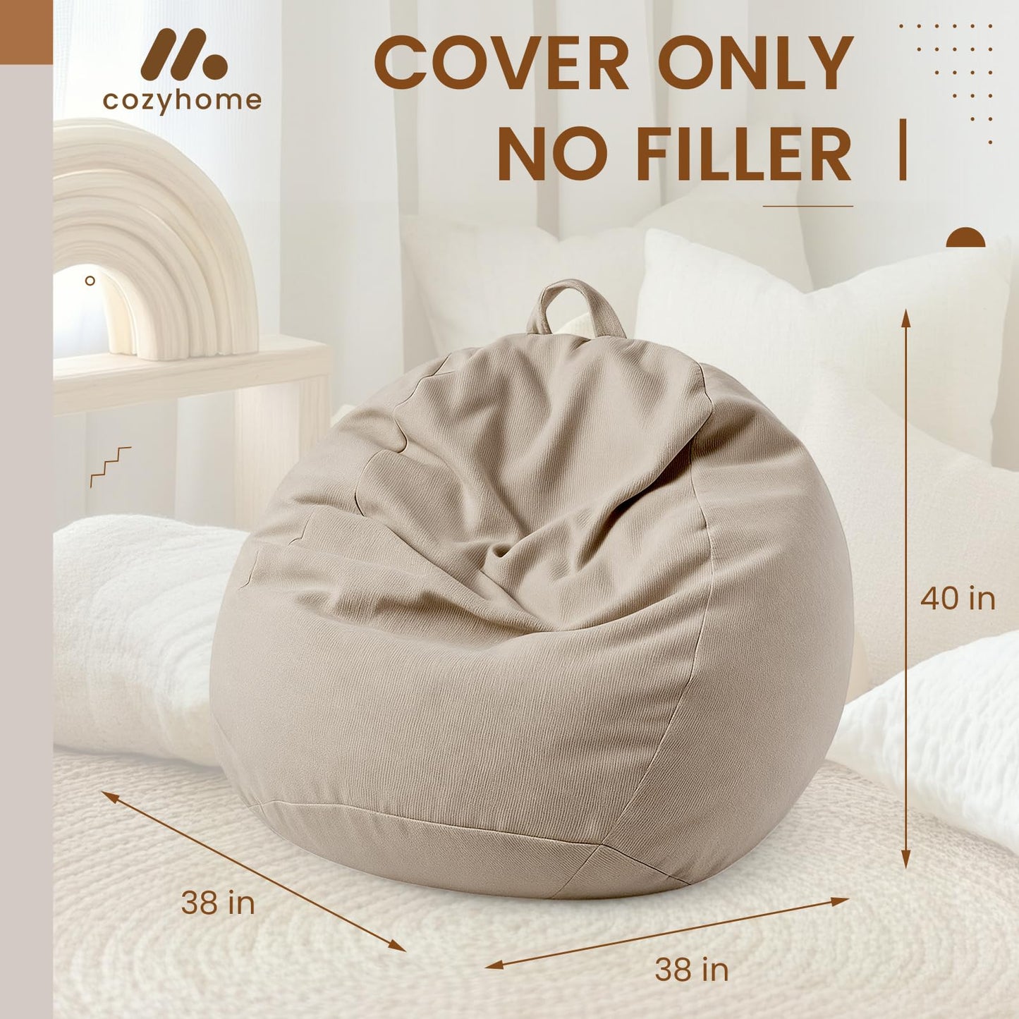 Honeydak 300l Boucle Bean Bag Cover (No Filler), Textured Stuffed Animal Storage Bean Bag Chair Cover Without Filling for Boho Room Organizing Plush Toys or Textile, 40 x 38 x 38(Light Brown)
