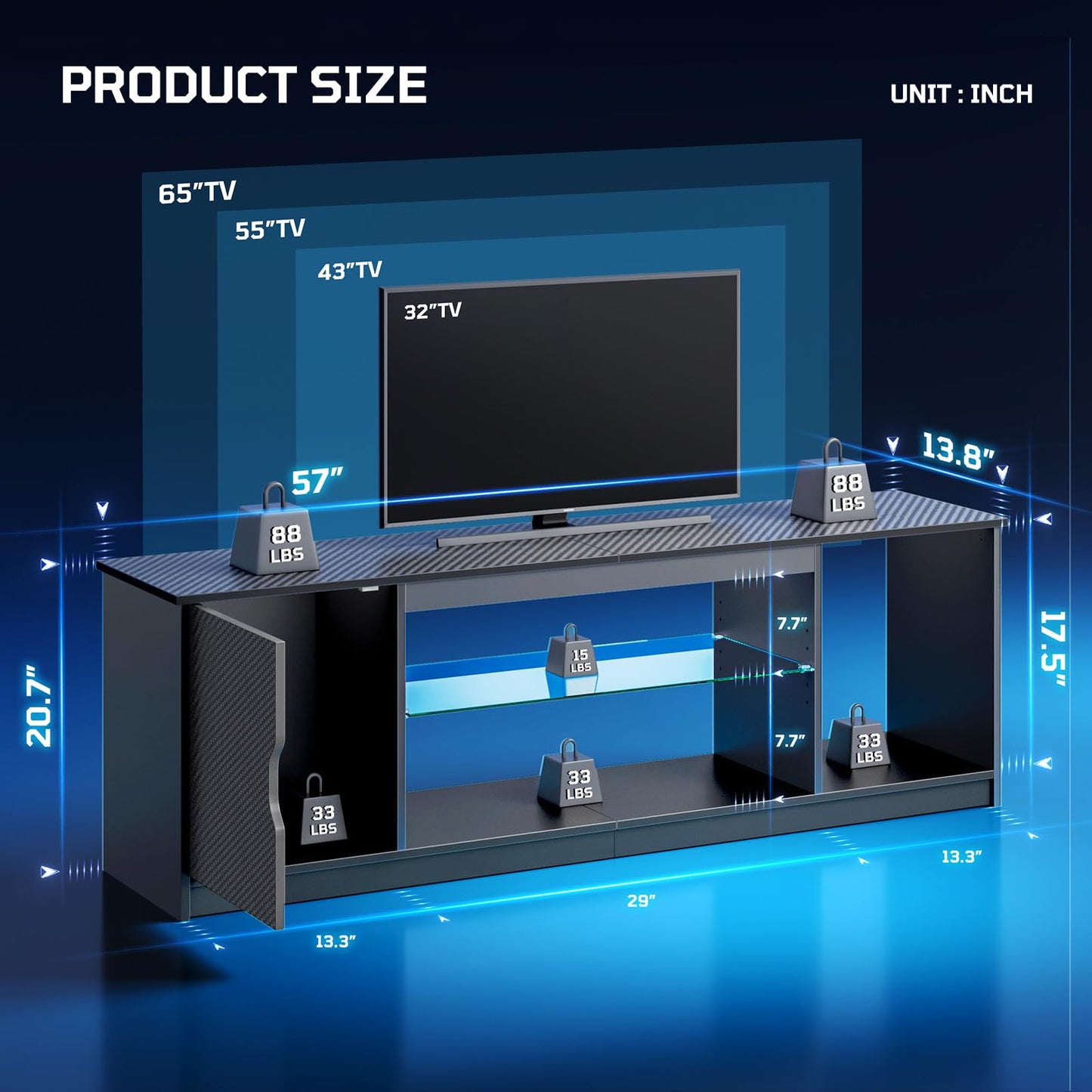 Bestier 57" LED TV Stand for 55/60/65 Inch TVs - Gaming Entertainment Center with RGB Lights, Adjustable Glass Shelves & Cabinet for PS5/Xbox, Modern Black TV Console for Living Room