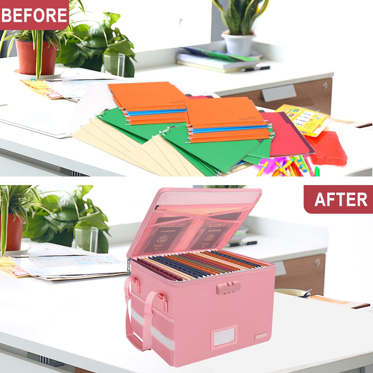 ENGPOW File Box with Lock, Fireproof Document Box with Zipper＆Pockets, Collapsible File Organizer Filing Storage Cabinet with Handle, Portable Home Office Safe for Hanging Letter/Legal Folder, Pink