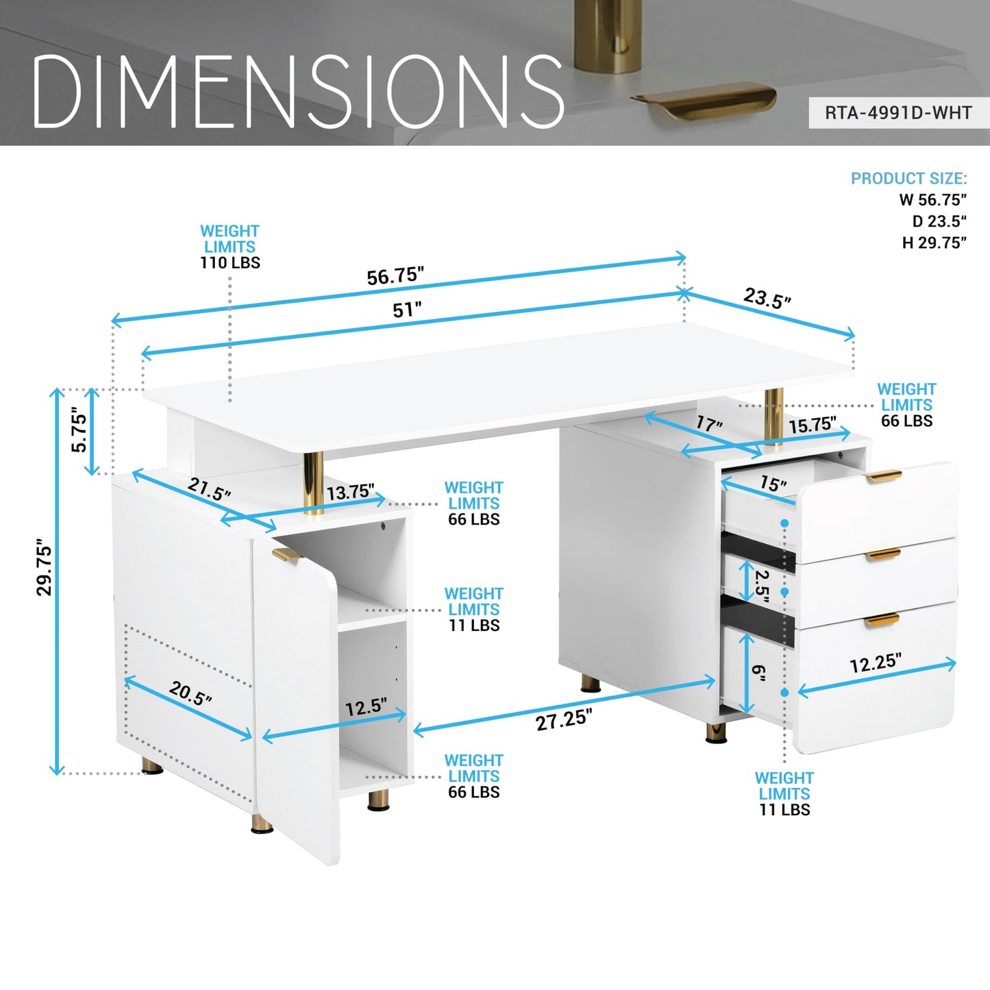 Elegant 57" W Executive Desk with 3 Drawers and Storage Cabinet, Modern Office Desk with Gold Accents, Floating Work Surface, Closed Storage with Ventilation & Adjustable Shelf (White,Gold)