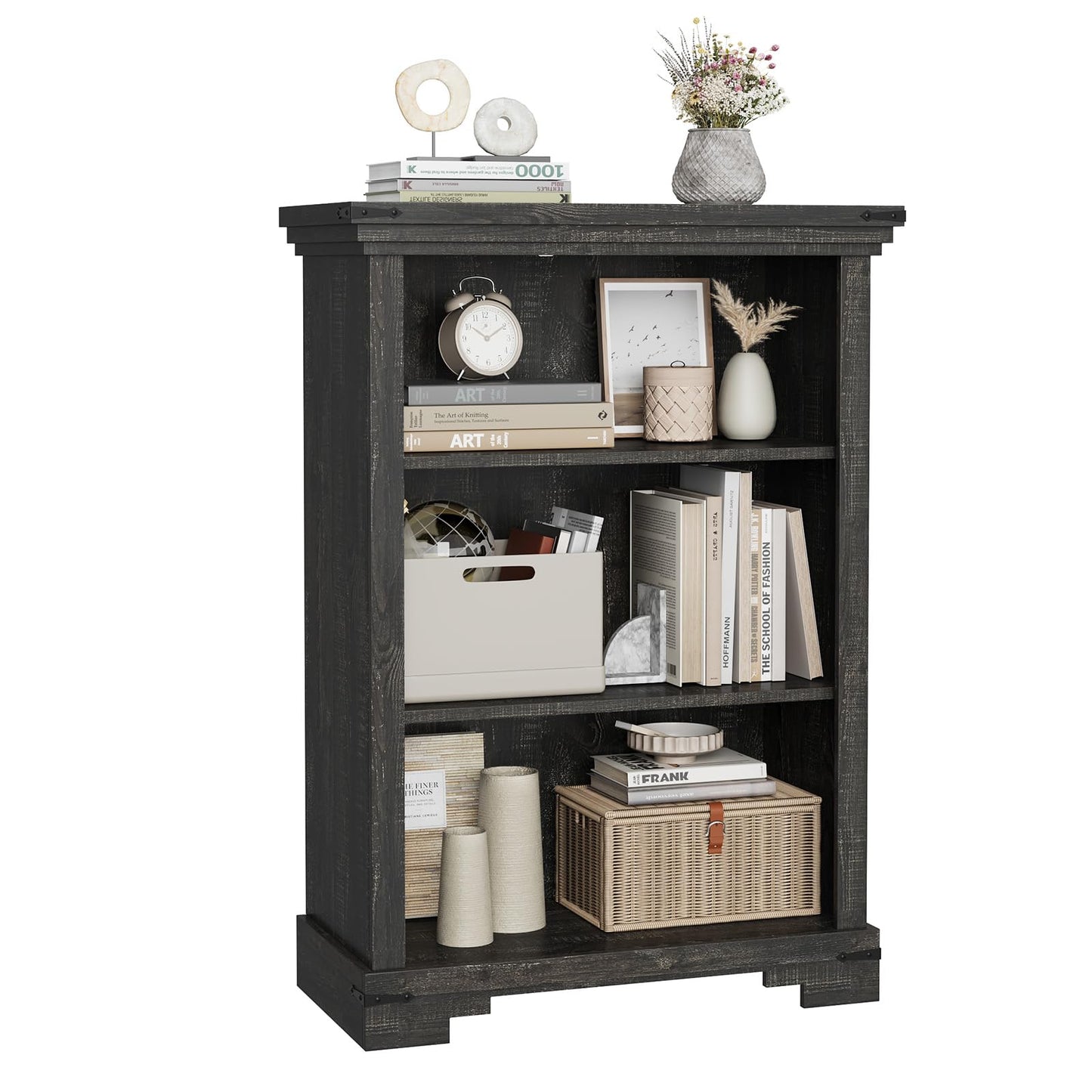 HOTLUU 3-Tier Farmhouse Bookshelf, Book Shelf with Open Storage & One Adjustable Shelf, 9.8" D x 26" W x 38" H, Wooden Bookshelf for Study Room, Living Room, Kitchen, Bedroom (Black)