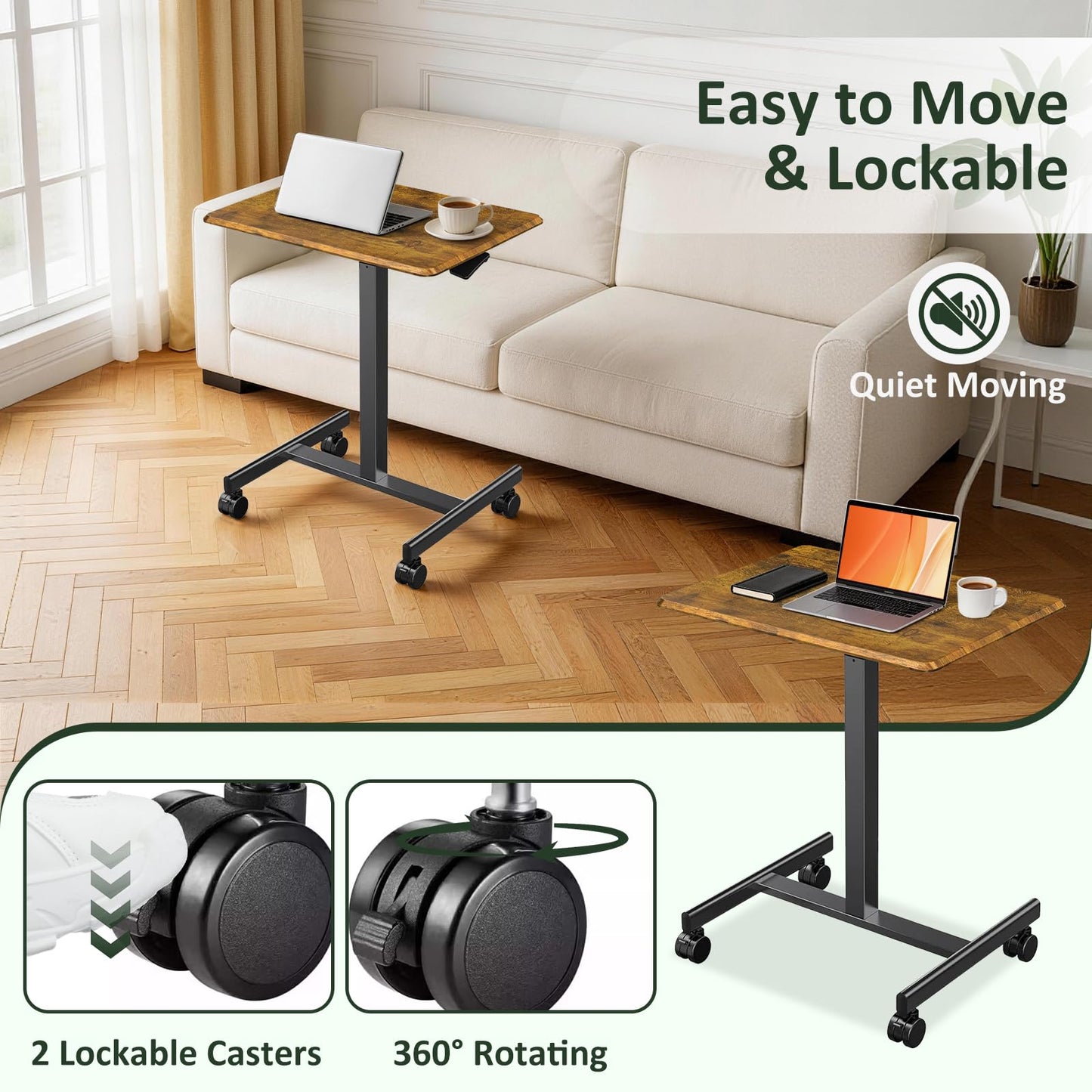 SageNest Adjustable Height Mobile Standing Desk with Lockable Casters, Rolling Sit Stand Laptop Computer Desk, Portable Compact Workstation for Home Office Dorm, Brown
