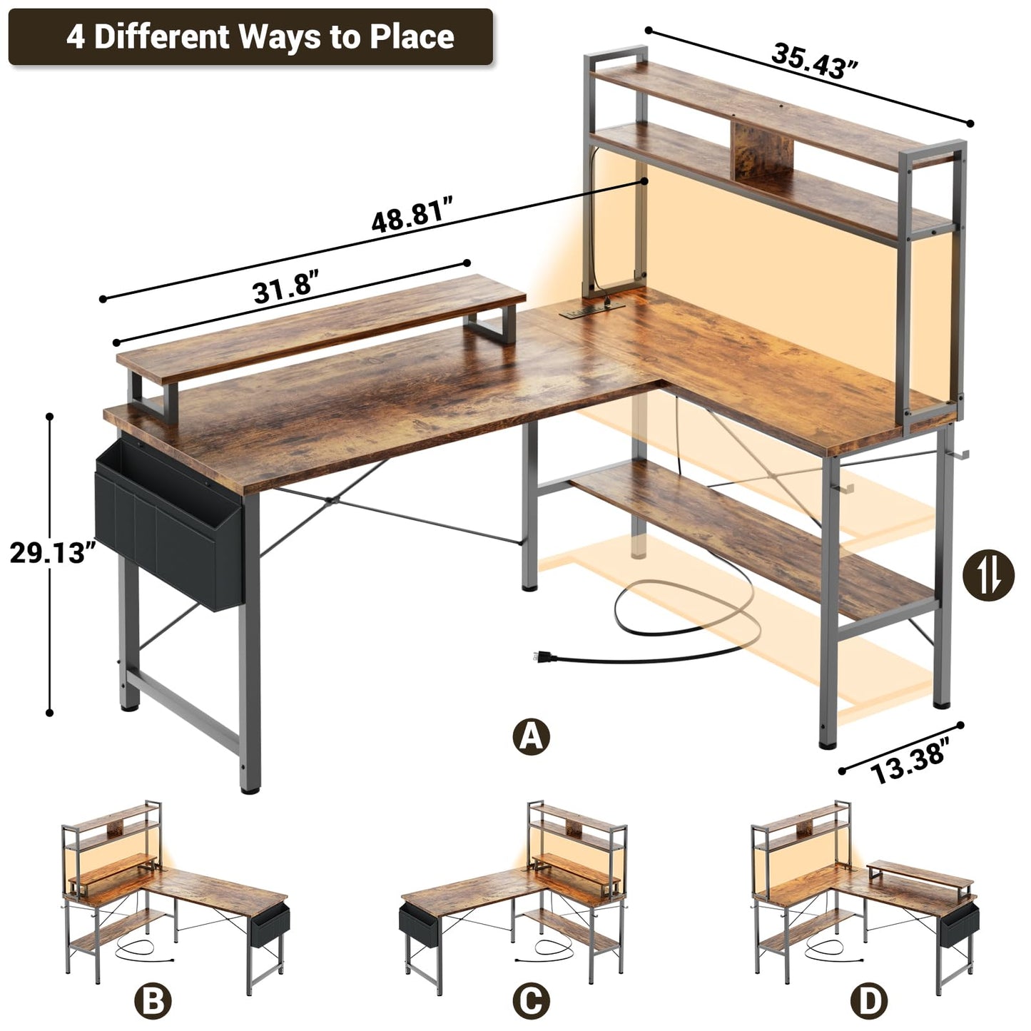 Aheaplus L Shaped Gaming Desk with Power Outlets & LED Lights, Small L-Shaped Desk Computer Corner Desk with Monitor Stand & Storage Shelf, Home Office Desk Writing Desk with Storage Bag, Rustic Brown
