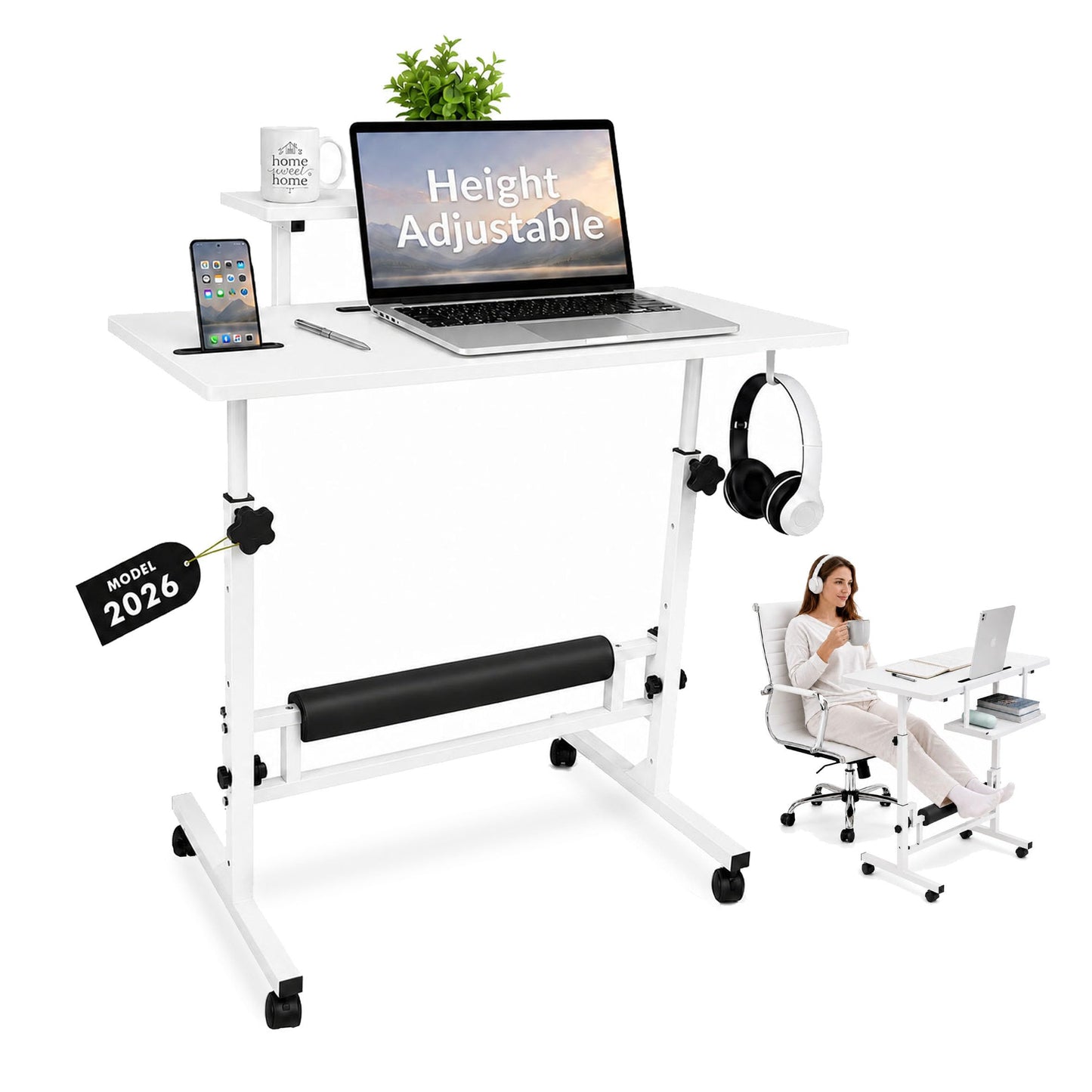 Model 2026 Adjustable Height Rolling Desk With Wheels Portable Compact Laptop Table Mobile Workstation For Study Office Small Space Standing Desk Ergonomic Writing Surface Modern Home Furniture White