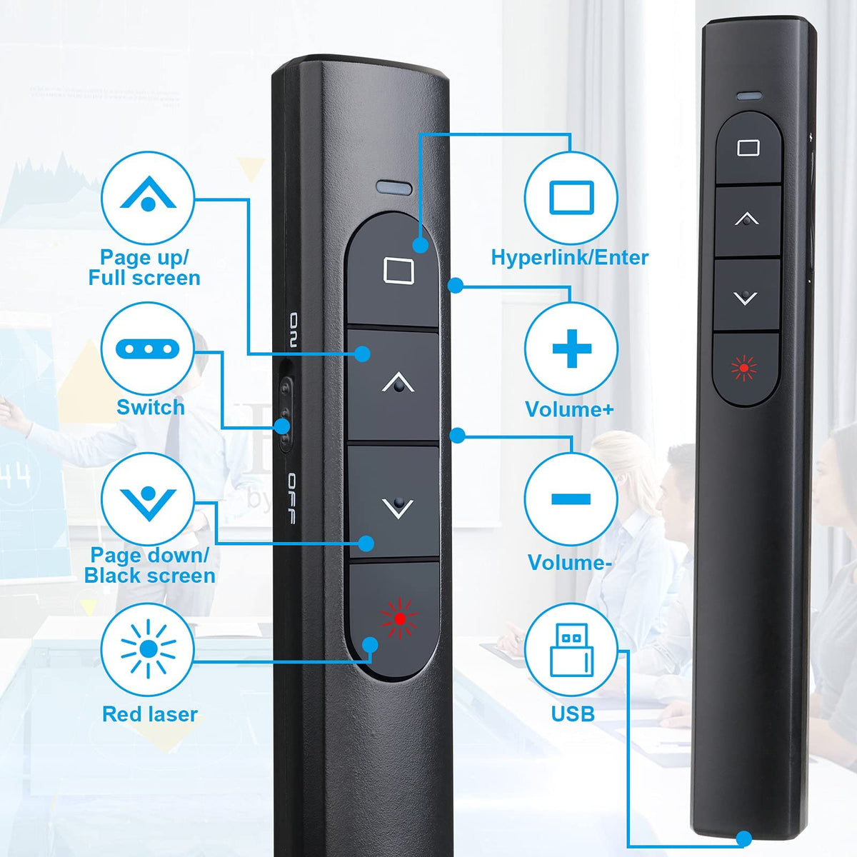 (2 Units) Wireless Presenter Remote, Presentation Clicker with Hyperlink & Volume Remote Control PowerPoint Office Presentation Clicker for Keynote/PPT/Mac/PC/Laptop