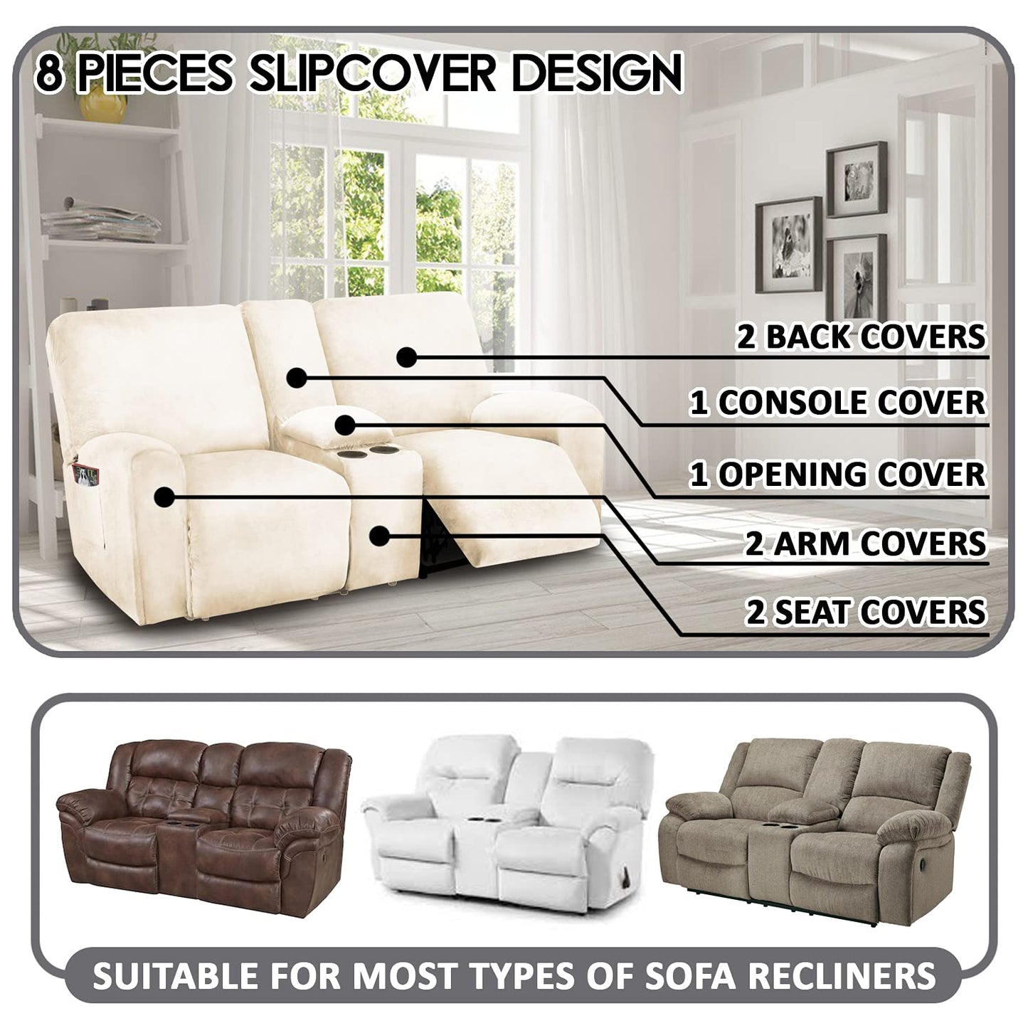 ULTICOR Reclining Love Seat with Middle Console Slipcover, 8-Piece Velvet Stretch Loveseat Reclining Sofa Covers, 2 seat Love seat Recliner Cover, Thick, Soft, Washable, Love seat Slipcovers (Ivory)