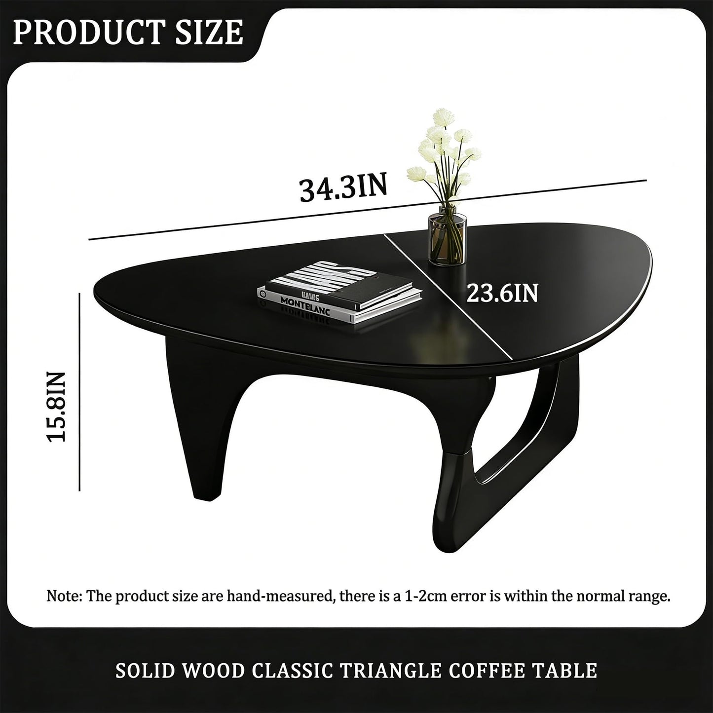 Coffee Table Solid Wood Oval Rustic Mid-Century Modern Low Center Table for Living Room, Office, Small, Black, 34.3", Easy to Install