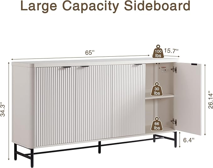 Fatmok 65" Buffet Cabinet with Storage, Fluted Credenza Sideboard with 4 Doors