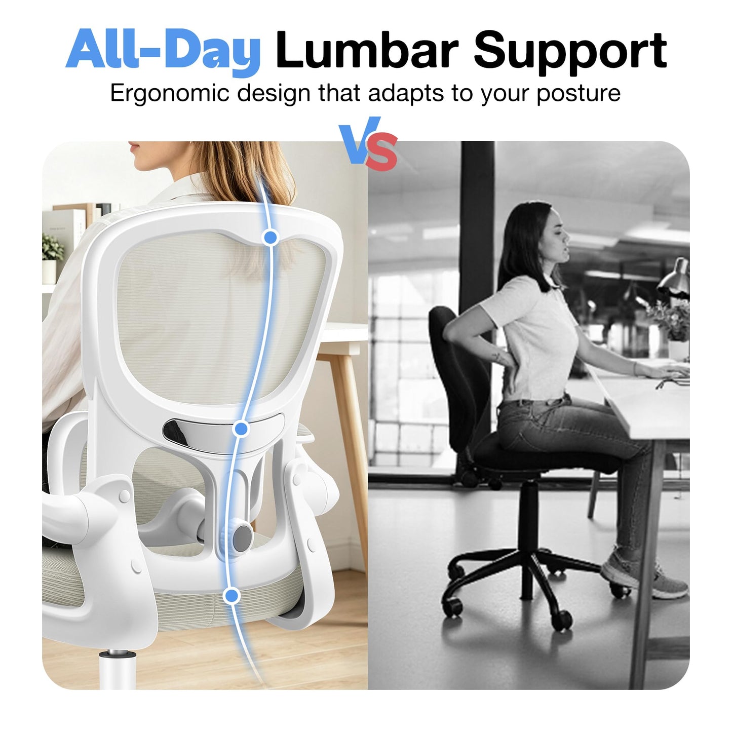 ALLGOD Ergonomic Office Chair, Breathable Mesh Ergonomic Desk Chair with Adjustable Lumbar Support, Flip-up Armrests, Computer Chairs Comfortable for Home, Office, Work, 300lbs, White, Upgrade