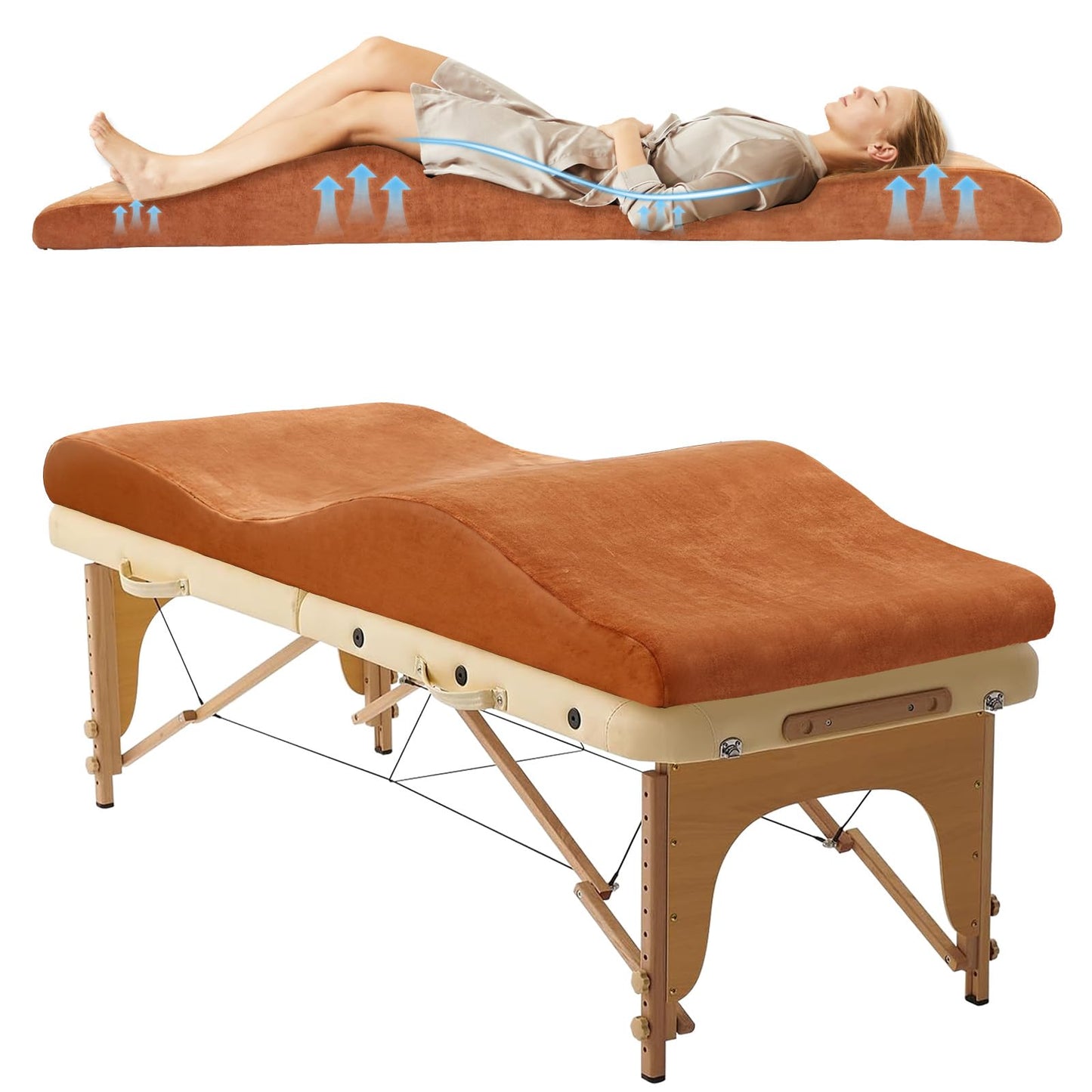 JEINPING Curved Lash Bed Topper High Density Foam Curved Massage Mattress Non-Slip Lash Bed Cushion Velvet Ergonomic Lash Table Pad with Removable Cover for Beauty Salon 23.6in/70in, Dark Orange