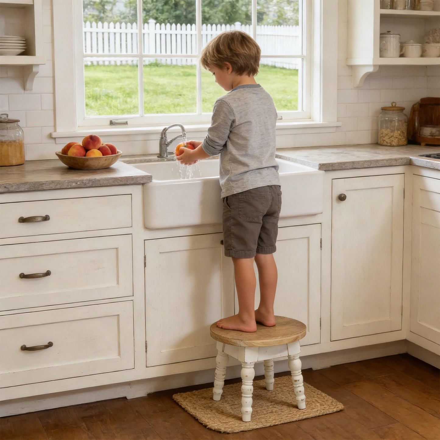 JUMBO DECOR Wooden Step Stool for Kids Adults, Farmhouse Step Stool or Plant Stand Indoor, Portable and Sturdy Versatile Foot Stools for Bathroom, Bedroom, Office, Kitchen, Plant Stand (Round)