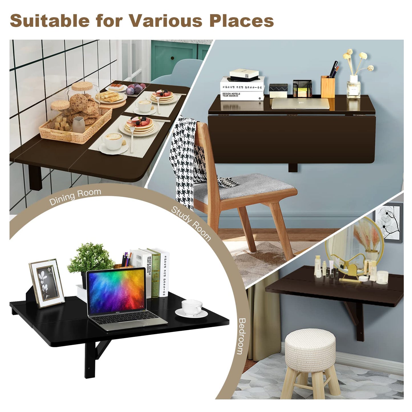 COSTWAY Wall Mounted Folding Table, 31.5" x 23.5" Drop-Leaf Floating Writing Desk for Small Spaces, Space-Saving Fold Down Laptop Workstation for Kitchen, Bedroom, Laundry Room, Study Room (Brown)