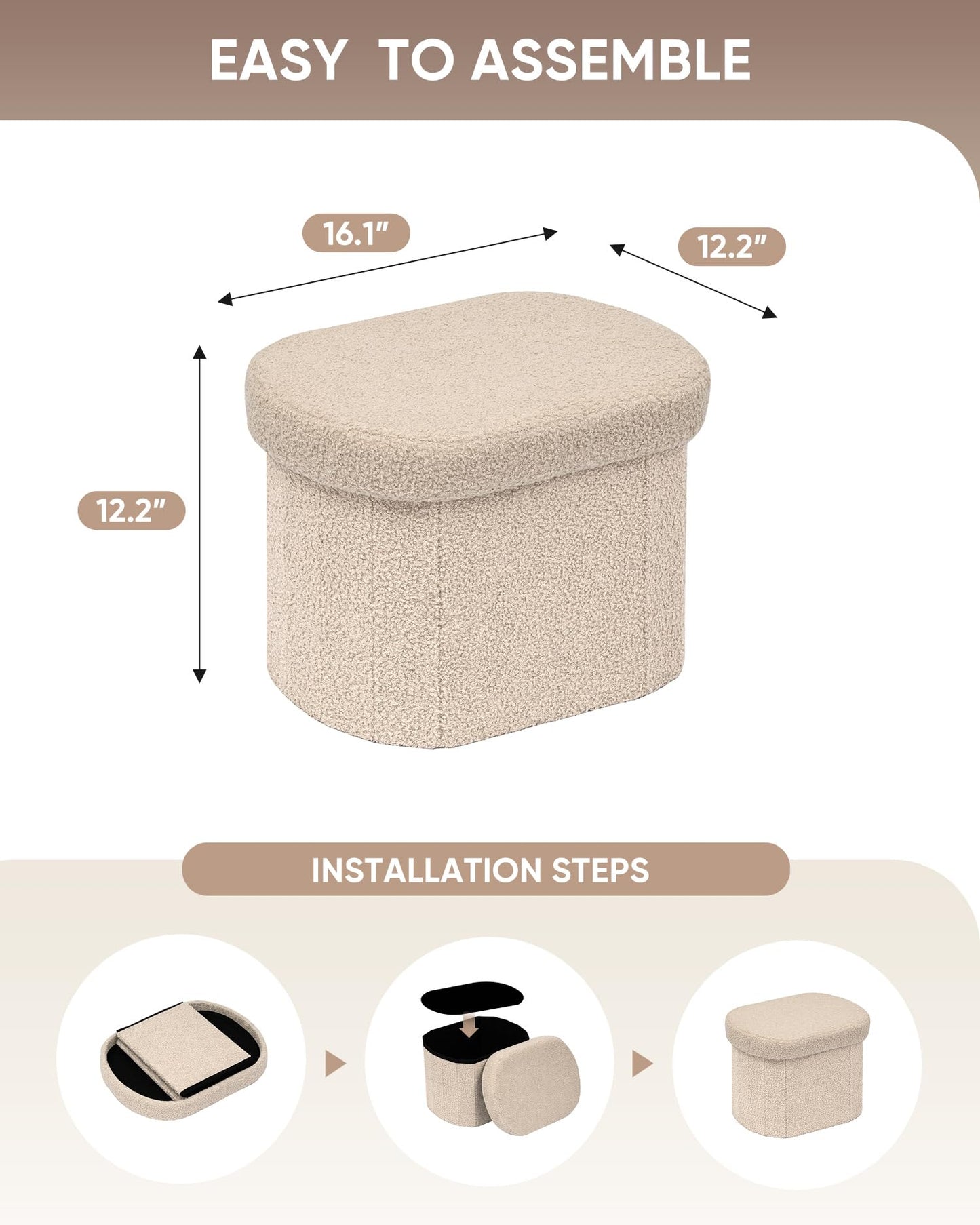 B FSOBEIIALEO Storage Ottoman for Dorm Room, Boucle Folding Storage Ottoman Foot Rest, 16.14 Inches Small Collapsible Ottoman Cube for Living Room Beige