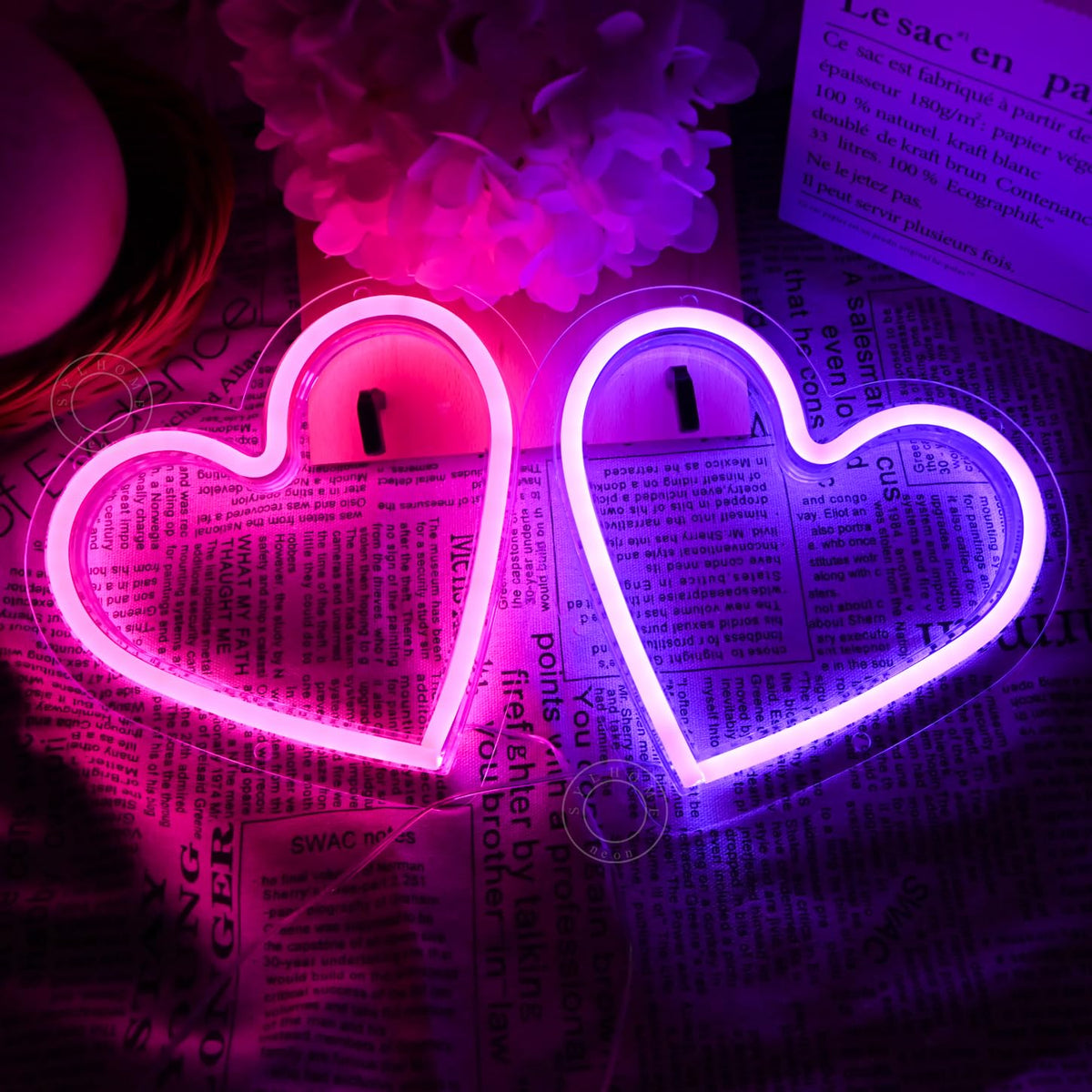 SYLHOME 2 Pack Heart Led Neon Light Sign Battery Operated or USB Powered Bedroom Wedding Wall Sign Decor Valentines Day Birthday Christmas Gifts USB 7.87" X 7.28"