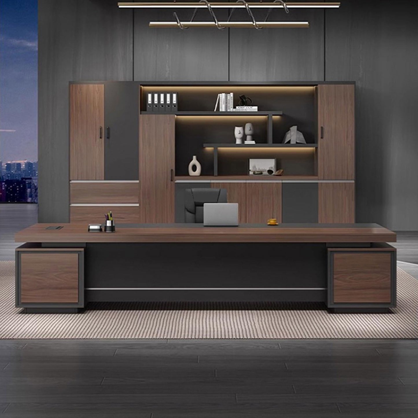 LSIGHTUS 71" Brown Large Modern Executive Office Desk, Wood Computer Desk with Lateral Cabinet Writing Study Table Business Furniture Set for CEO or Home
