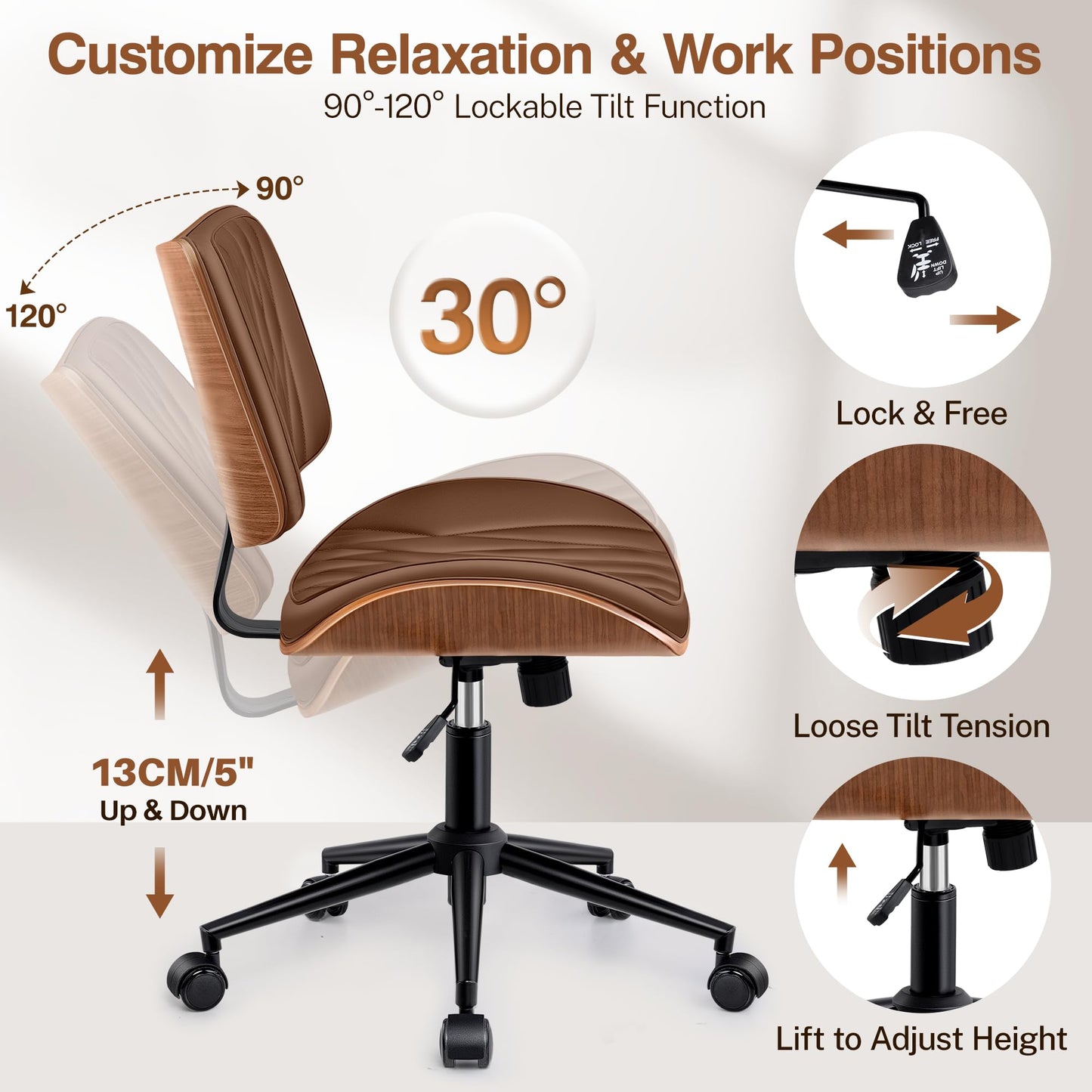 Ergonomic Armless Office Desk Chair - Mid-Century Modern Brown Faux Leather with Diamond Stitch, Adjustable Height Swivel Rolling Task Computer Chair with Walnut Accent for Home Office, Study & Work