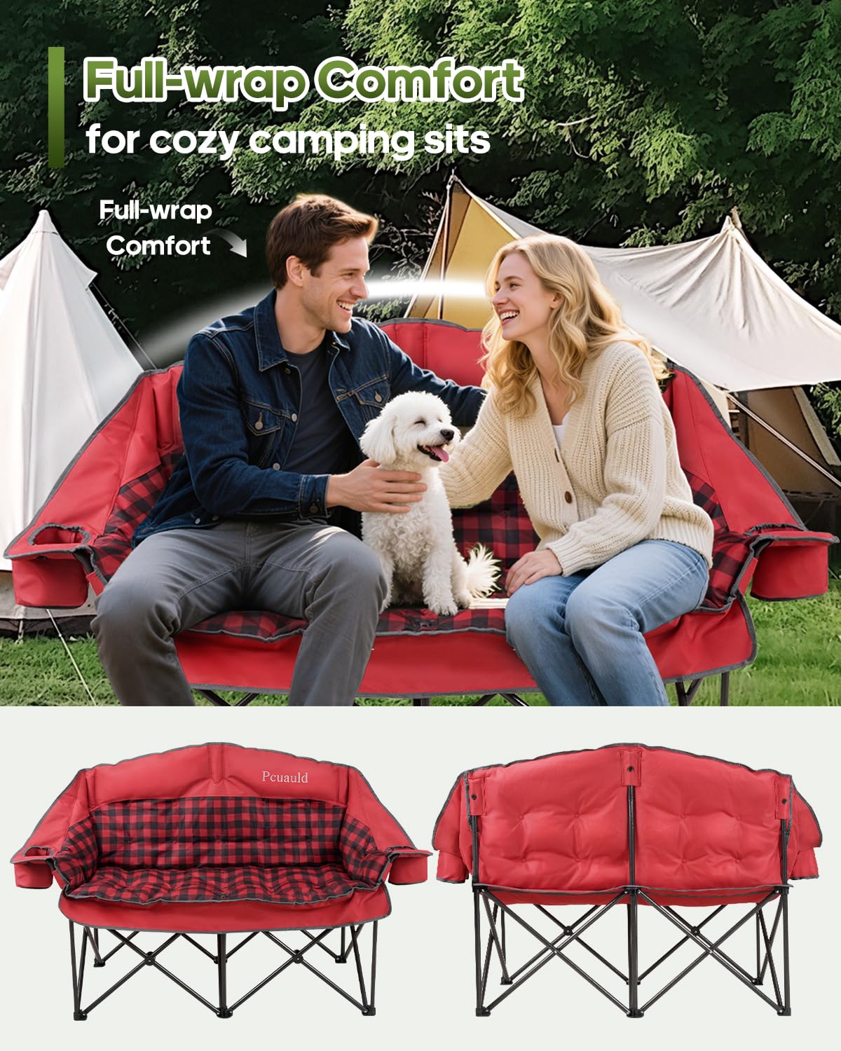Pcuauld Double Camping Chair Padded Loveseat Camp Couch for Adults, Oversized 2 Person Love Seat with 2 in 1 Carry Bag, Heavy Duty Folding Outdoor Sofa with Cup Holders for Lawn Beach Tailgating, Red