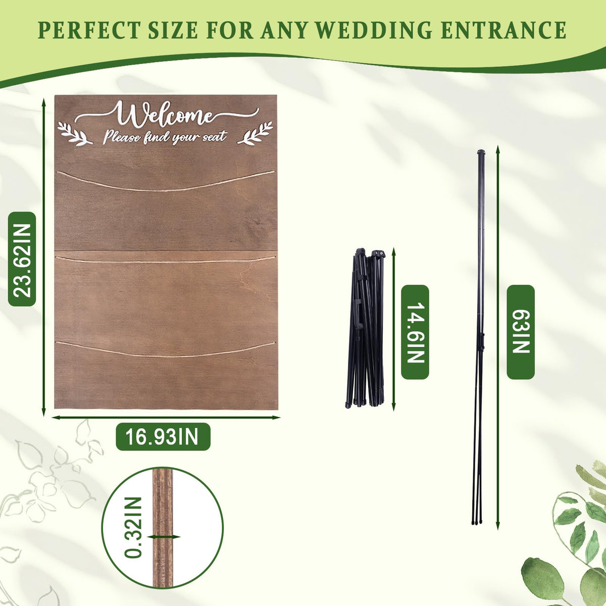 Wooden Wedding Seating Chart Board, Two Connectable Panels (23.7"×17"), 0.32" Thick, Foldable Design with Metal Stand, White Lace Ribbon, Floral Décor, and 20 Cards for Ceremony & Reception