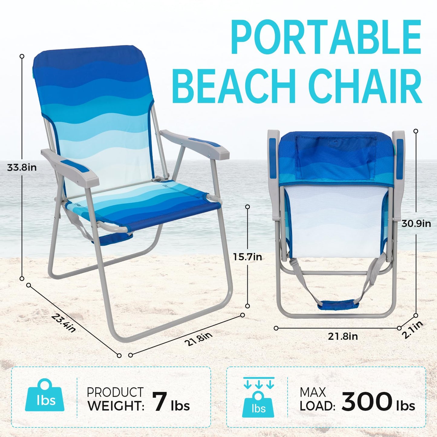 #WEJOY Folding Beach Chair for Adults, Lightweight Beach Chair with Shoulder Straps, High Back Camping Chairs with Hard Armrest, Supports 300lbs for Outdoor Lawn Concert (Dark Blue White)
