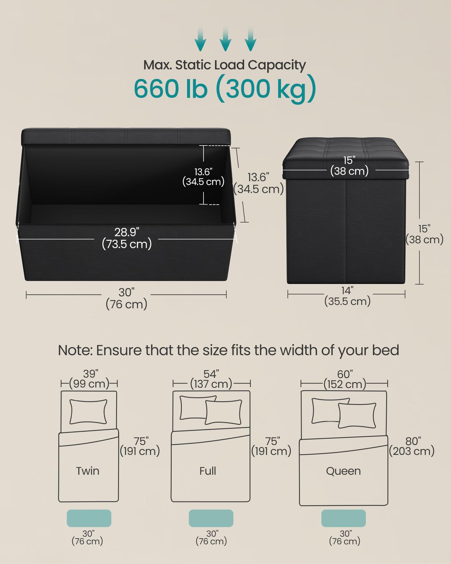 SONGMICS MAZIE Collection - 30 Inches Folding Storage Ottoman Bench, Ottoman with Storage, Foot Rest Stool, Load 660 lb, for Living Room, Synthetic Leather, Black ULSF105