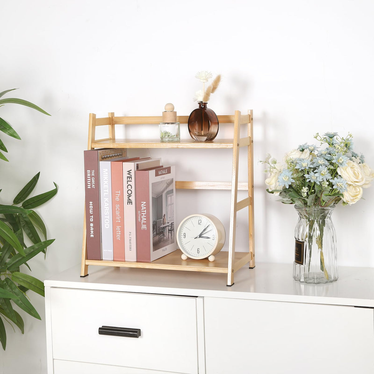 Fengzhizhu 2-Tier Ladder Desktop Bookshelf, 15.75" Wide Wooden Countertop Storage Hutch for Office, Dorm and Home, Desk Organizer for Books and Decor