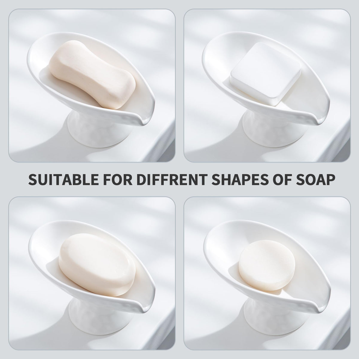 Self Draining Soap Dish,Soap Dish for Shower,White Ceramic Soap Holder for Bathroom Kitchen Shower Keeps Soap Dry, Easy to Clean(Matte White)