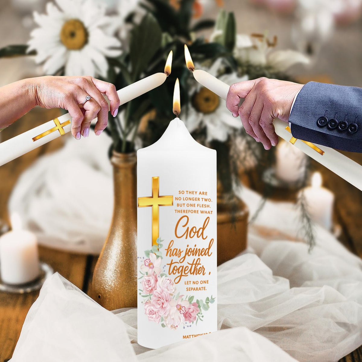 LakWilows Unity Floral Candles for Ceremony with Gold Metal Holder, Wedding Candle with Cross & Scripture, Christian & Catholic Wedding Ceremony Candle for Bride and Groom