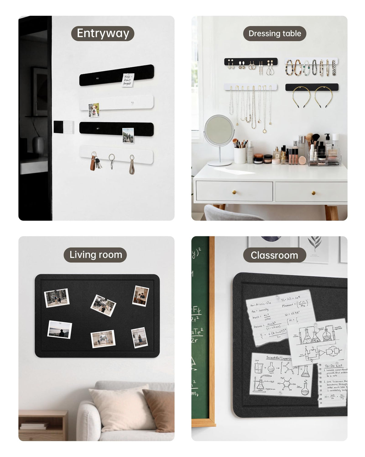 Small Felt Bulletin Board and 4 pcs Bar Strips Set, 24"X16" Cork Board Alternative with Removable Adhesive Tabs, 30 Push Pins for Office, Classroom, Bedroom, Walls Decorations - Black